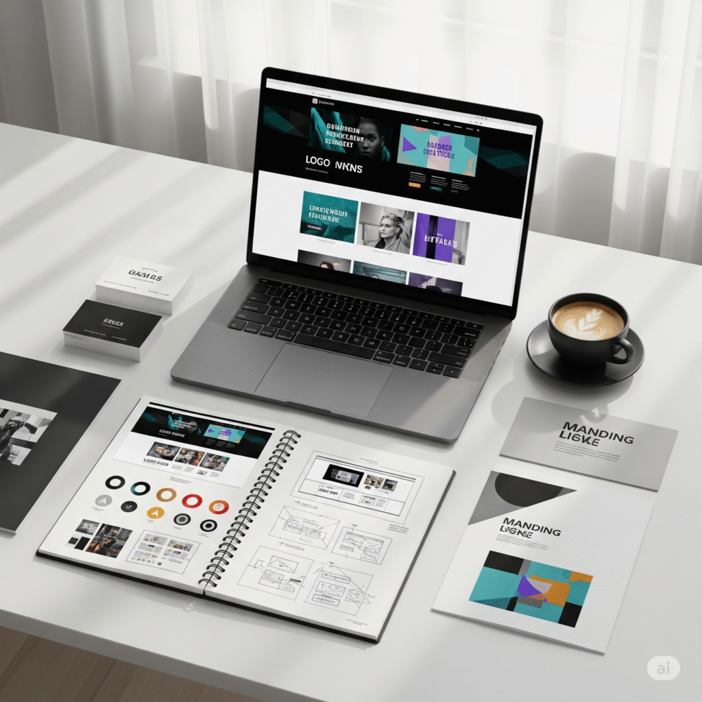 Profesyonel bir web ve grafik tasarım sürecini gösteren masaüstü: Laptop ekranında modern bir web sitesi arayüzü (UI), eskiz defterinde logo tasarımı ve tel kafes (wireframe), yanında ise kurumsal kimliği yansıtan bir kartvizit ve broşür yer alıyor.